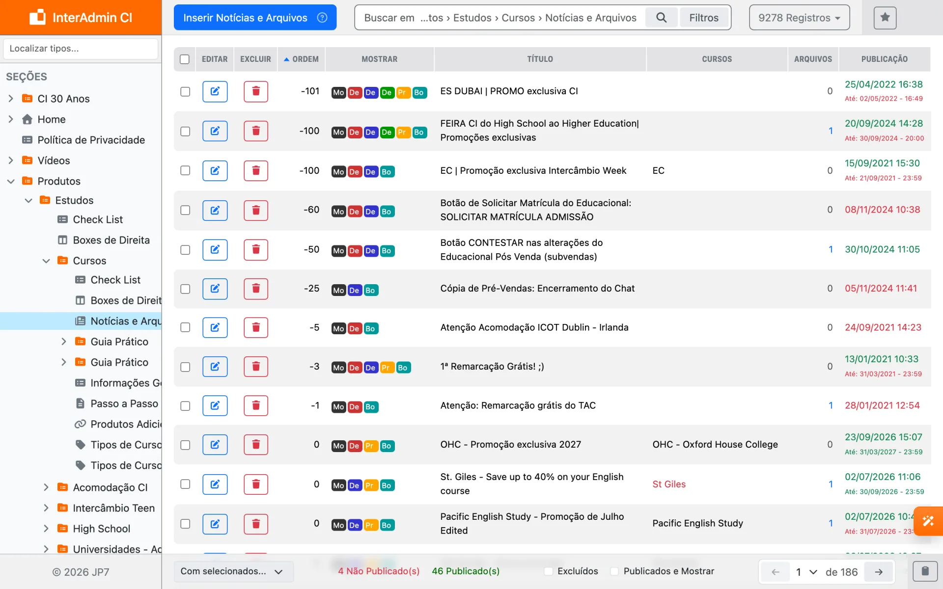 Lista de notícias com ordem, publicação e filtros